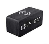 Digital Electronic Wooden Alarm Clock with Wireless Charging Function Temperature Display Date Month Day Year Time LED Screen USB Powered Battery Operated for Bedroom Living Room Office(D)