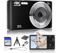 Digital, FHD 1080P Kids Camera 44MP Point and Shoot Digital Cameras with 64GB SD Card, 16X Zoom, Batteries, Lanyard, Compact Small for Kids Boys Girls (Camera Kit, Black)