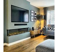 DIGITAL FLAMES Designer Electric Fire Panoramic Modern 72 Inch LED Premium Black Glass 3 Sided Full Glass Fish Tank Remote Control 1500Kw New 10 Colour Flame Lights MEDIA WALL