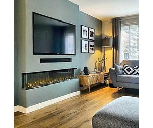 Digital Flames Electric Fire Panoramic Modern 60 Inch LED Black Glass 3 Sided Full Glass Fish Tank Remote Control 1800KW New 15 Colour Flame Lights MEDIA WALL