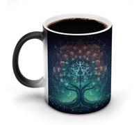 Digital Futuristic Tree Of Life Icon With Space Color Changing Coffee Mug 11oz Magic Ceramic Cup with Heat Sensitive Design Novelty Black to White Transformation Mug for Halloween Christmas Gifts Wome