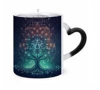Digital Futuristic Tree Of Life Icon With Space Color Changing Coffee Mug 11oz Magic Ceramic Cup with Heat Sensitive Design Novelty Black to White Transformation Mug for Halloween Christmas Gifts Wome