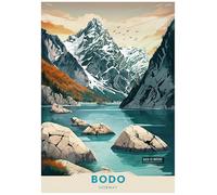Digital Illustration of Bodo Norway's Majestic Mountain Landscape - Retro Europe Travel Poster A4 Size Vintage Wall Art Print of Famous European Destinations Ideal for Home or Office Decor