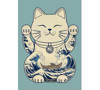 Digital Illustration of Maneki-Neko with Hokusai Wave Patterns - A4 Wall Art Poster Featuring Cute Cats Perfect for Home or Office Decor Brings Joy and Warmth to Any Room with Feline Fun