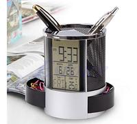 Digital LCD Pen Pot Alarm Clock Mesh Pen Pot Holder Desk Tidy Organizer Dispaly Temp Time Calendar School Office Stationery Decor Gift