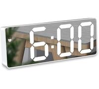 Digital LED Mirror Alarm Clock with Temperature, Calendar, Voice Control Night Mode, Date Display for Bedroom - Adjustable Brightness, Snooze (White)