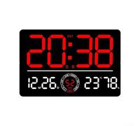 Digital LED wall clock with clear large screen showing time date temperature and alarm settings with remote control for convenient timing at home or office (Red)