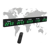 Digital LED World Clock, Large Wall Mounted Time Zone Clock with Remote Control, Customizable Cities, Aluminum Alloy for Office, Hotel