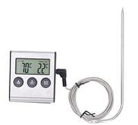 Digital Meat Thermometer with Stainless Steel Probe and 1 Meter Cable for Kitchen Grilling and Oven Use - Preset Temperature and 99 Minute 59 Second Timer with LCD Display