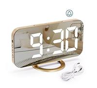 Digital Mirror Alarm Clock with Dimmable LED Display - Non Ticking, Snooze, 3 Dimmer Modes - USB Powered for Home Bedroom Decor - Gold