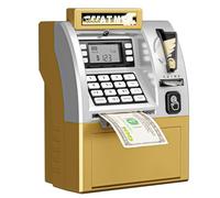 Digital Money Box with Card, USD Dollars Electronic Kids Safe With Password, LCD Display & Sound, Piggy Bank ATM Coin Cash Savings Box (gold)