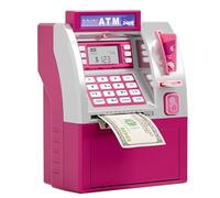 Digital Money Box with Card, USD Dollars Electronic Kids Safe With Password, LCD Display & Sound, Piggy Bank ATM Coin Cash Savings Box (pink)