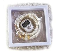 Digital Prayer Counter with Pearl Tasbih Tasbeeh, 99 Beads, Islamic Prayer Beads Gift Set, White and Gold (White)