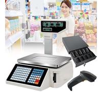 Digital Price Computing Scale with Barcode, Thermal Printer, Double-Sided Display for Commercial Use, Includes Scanner and Cash Box
