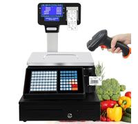 Digital Price Label Printing Scale, Electronic Barcode Weighing Scale Cash Register with Receipt Printer, Double-Sided LCD Display, 63 Shortcut Keys Commercial Scale for Shop Machine+Scanner+Cashbox