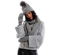 DIGITAL SPOT Ladies Knitted Fleece Hat Scarf Warm Mittens Set Womens Winter Wear Fancy Accessories Grey One Siize