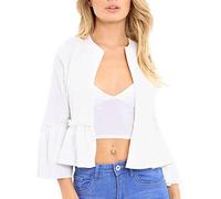 DIGITAL SPOT Womens Frill Ruffle Crop Peplum Jacket Top Ladies Bell Sleeve Office Coat Blazer Cream S/M UK 8-10
