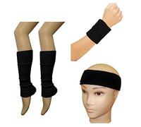 DIGITAL SPOT Womens Wristbands Legwarmers And Headband Set Ladies 80s Theme Party Accessory (Black Headband+Wristband+Legwarmer)
