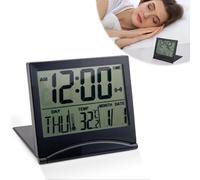 Digital Travel Alarm Clock with LCD Display Foldable Creative Compact Clock with Day Date And Temperature Indication Portable Small Table Bediside Alarm Clocks Back to School Black- Battery Operated