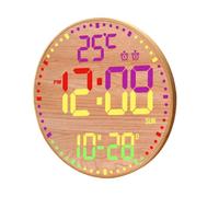 Digital Wall Clock Home Decor Remoting Control Brightness Adjustment Alarm Clock Wall Hanging Clock for Bedroom Kitchen, Wooden Surface, RGB