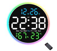 Digital Wall Clock, LED Clock, Digital Calendar Wall with Temperature, Timer, Countdown, Date and 2 Alarms, Ten Levels of Brightness Adjustment, Three Ambient Light Modes for Living Room, Kitchen