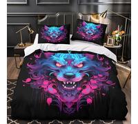 digital wolf art 3D Printed 3 Piece Set Comforter Cover neon fantasy design Duvet Cover Ultra Soft Microfiber Invisible Zipper Allergy Free for Teens Young Adults Seniors Double（200x200cm）