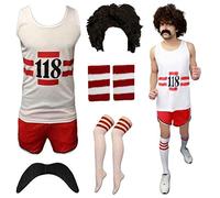 DigitalSpot 118 Womens Vest Short Tash Wrist Band Socks and Wig Marathon Set Men Retro Fancy Dress Sports Costume Full Set X Large Womens