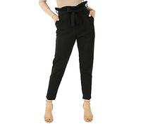 DigitalSpot Ladies High Waisted Paper Bag Trouser Women Casual Tie Up Belted Slim Fit Pants Black UK 16-18