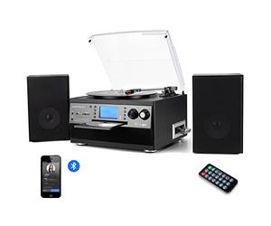 DIGITNOW! Bluetooth Viny Record Player, Turntable for CD, Cassette, AM/FM Radio and Aux in, USB port and SD Encoding, Remote Control, with Standalone Stereo Speakers