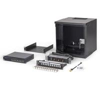 DIGITUS 10 Inch Network Kit - 6U Network Bay - Shelf - Power Strip Block - 8 Port Switch - 12 Port Patch Panel - 12 Keystone Modules - 10 Patch Cables - Unmounted - SOHO Pro - Black