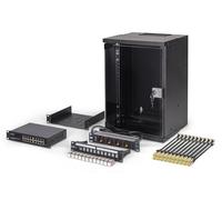 DIGITUS 10 Inch Network Kit - 9U Network Bay - Shelf - Power Strip - 16 Port Switch - 12 Port Patch Panel - 12 Keystone Modules - 20 Patch Cables - Unmounted - Soho Pro - Black