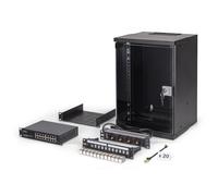 DIGITUS 10 Inch Network Kit - 9U Network Bay - Shelf - Power Strip - 16 Port Switch - 12 Port Patch Panel - 12 Keystone Modules - 20 Patch Cables - Unmounted - Soho Pro - Black