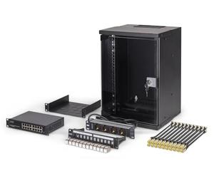 DIGITUS 10 Inch Network Kit - 9U Network Bay - Shelf - Power Strip - 16 Port Switch - 12 Port Patch Panel - 12 Keystone Modules - 20 Patch Cables - Unmounted - Soho Pro - Black