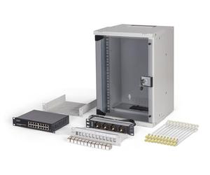 DIGITUS 10 Inch Network Kit - 9U Network Bay - Shelf - Power Strip - 16 Port Switch - 12 Port Patch Panel - 12 Keystone Modules - 20 Patch Cables - Unmounted - Soho Pro - Grey