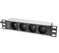 DIGITUS 4X Power Strip - 1U - 10 Inches (254mm) - French Model - Rack Mount in Network Cabinet - Silver/Black