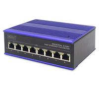 DIGITUS PoE Network Switch - 8-Port Fast Ethernet - DIN Rail Mounting - Terminal Block - Fanless - Black/Blue