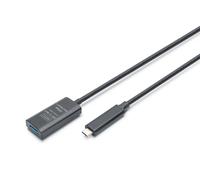 DIGITUS Active USB extension cable - USB-A socket to USB-C plug - 5 m - USB 3.2 Gen2-10 Gbit/s - Plug & Play - with signal amplifier - black