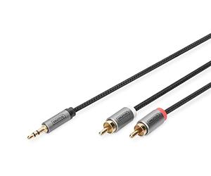 Digitus audio adapter cable - 3.5mm jack to 2x RCA - aux cable - stereo cable - RCA adapter - gold-plated contacts - braided cable - 1m - black - for stereo systems, home cinema, soundbar, computer