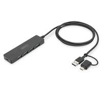 DIGITUS USB Hub - 4 Ports - USB 3.0-4X USB-A - 1x USB-C Power Connection - up to 5 Gbit/s - Includes USB-A to USB-C Adapter - 1.2 m Cable Length - Slim Line - Black