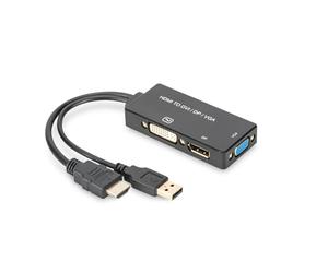DIGITUS HDMI Graphics Adapter, HDMI Type A to DP + DVI-I (24+5) + VGA, 4K Ultra HD 30Hz, Black