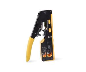 DIGITUS Multimodular Crimping Tool - Crimping Tool, Cable Cutter, Stripper - with Passthrough - Suitable for Cat 5e, Cat 6, Cat 6A & Cat 7 - Black/Yellow