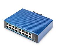 DIGITUS Network Switch - 16-port Gigabit Ethernet - 16x RJ45 - unmanaged - 10/100/1000 Mbit/s - DIN rail & wall mounting - IP40 - Industrial series - blue