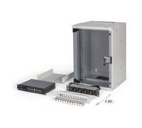 DIGITUS 10 Inch Network Kit - 9U Network Bay - Shelf - Power Strip - 16 Port Switch - 12 Port Patch Panel - 12 Keystone Modules - 20 Patch Cables - Unmounted - Soho Pro - Grey