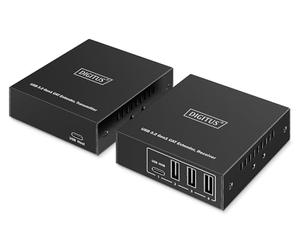 DIGITUS USB 3.2 Gen1 Extender over Ethernet - 4-Port USB Hub - 3x Type A, 1x Type C - 100m Range with Cat 6 Network Cable - 5Gbps - Black