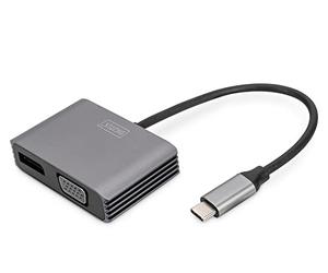Digitus USB-C - DP + VGA adapter, 20 cm 4K/30Hz, silver, aluminium housing