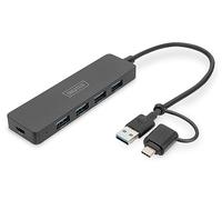 DIGITUS USB Hub - 4 Ports - USB 3.0-4X USB-A - 1x USB-C Power Connection - up to 5 Gbit/s - Includes USB-A to USB-C Adapter - 0.2 m Cable Length - Slim Line - Black