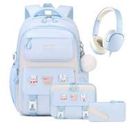 DIGOBAY 4-IN-1 Girls Backpack & Headphones Set, Blue Backpack for Girls with Lunch Box Foldable Kids Headphones & Pencil Case, Kawaii Bookbag for Teen Girl Elementary Middle School Bag with Cute Pins
