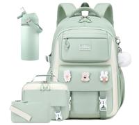 DIGOBAY 4-IN-1 School Backpack for Girls Set with 14oz Kids Insulated Water Bottle Lunch Bag Pencil Case, Khaki Girls Backpack for Teen Kindergarten Elementary Middle School，Green Cute Bookbag Set