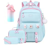DIGOBAY 4-IN-1 School Backpack for Girls Set with 14oz Kids Insulated Water Bottle Lunch Bag Pencil Case, Girls Backpack for Teen Kindergarten Elementary Middle School，Cute Bookbag Set Aquamarine-Pink
