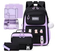 DIGOBAY 6PCS Kids Backpack for Girls Set with Bento Lunch Box for School, Black-purple1, Traditional Backpacks
